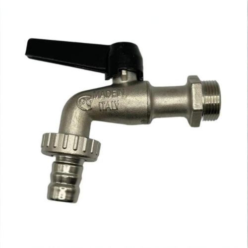 Кран шаровый латунный угловой стандартнопроходной с ручкой-рычагом НР-штуцер Ру 16 Bugatti 689 Bugatti 14 мм 3/4" в Челябинске