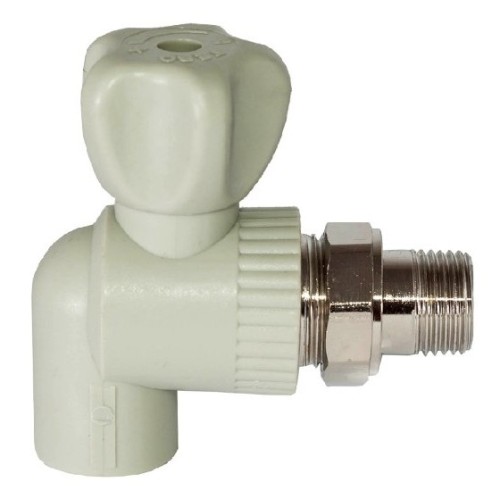 Кран полипропиленовый PP-R запорный угловой стандартнопроходной НР серый ручка-вентиль для радиатора Ру 10 Pro Aqua 25 мм 3/4" ГОСТ 32415-2013 в Челябинске
